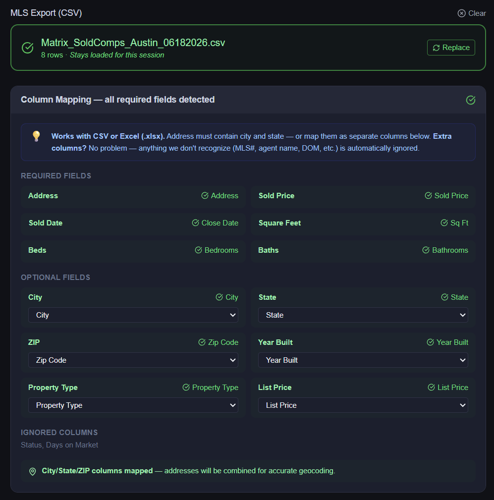 CMADraft column mapping with Matrix MLS export — all required fields auto-detected
